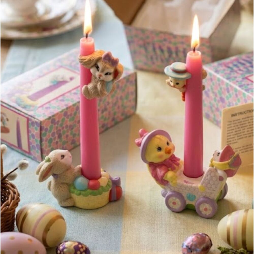 Vintage 90s Gift Co Easter Bunny & Chick Candle Holders Candle Climer set of 6